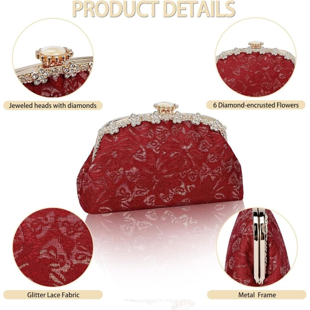 ⚡ Women's Red Fabric Lace Pearl Chain Rhinestones Shoulder Clutch Bag - Picture 4 of 9